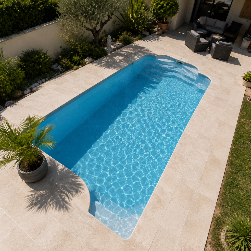 Chantier de rénovation de coque de piscine à La Bourboule, reprise du gelcoat